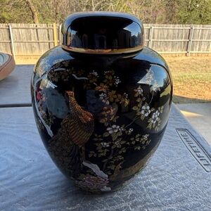 Decorative Black Porcelain Ginger Jar with Gold and Floral Peacock Motif